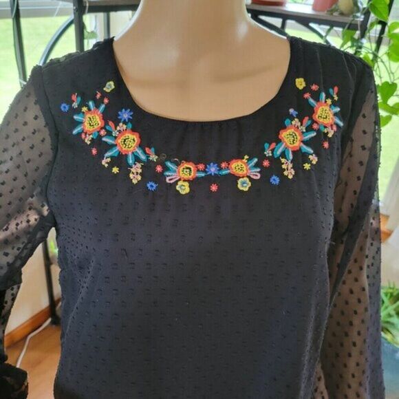 Japna Dress Black Embroidered Floral lined Med. chiffon Whimsigoth BOHO festival - Picture 4 of 15